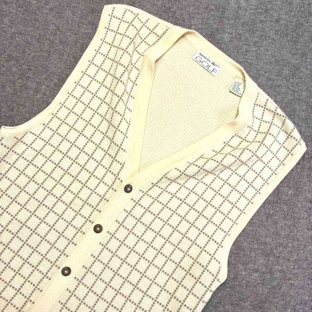 Reebok Golf Sweater Vest Mens Large Cream Vintage Button Front‎ Plaid